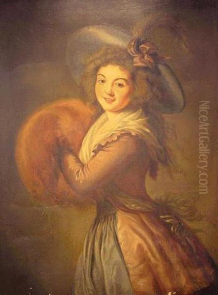 Portrait Of A Woman With A Feathered Hat Oil Painting by Marie Lebrun