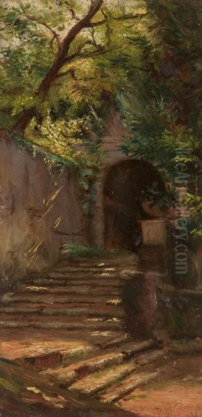 Sun-dappled Steps Oil Painting by Carl August Lebschee