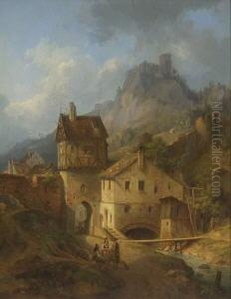 Das Obere Tor Von Riedenburg An
 Der Altmuhl Mit Der Alten Burg Rabenstein. Oil Painting by Carl August Lebschee