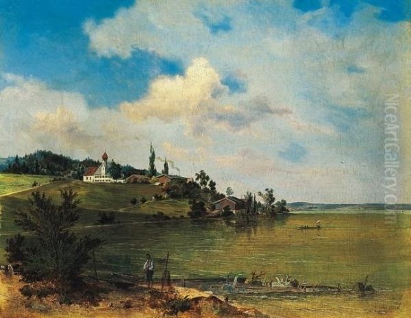 Amersee Oil Painting by Carl August Lebschee