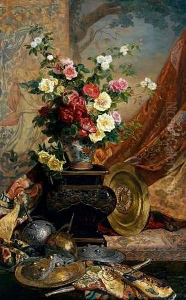 Bouquet De Fleurs Aux Tentures Oil Painting by Victor Leclaire