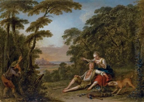 Un Couple Dans Un Bosquet Epie Par Un Promeneur Oil Painting by Sebastien Jacques Leclerc Des Gobelins