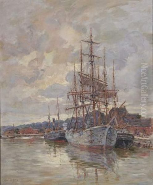 Navire Au Port Oil Painting by Leon Leclerc