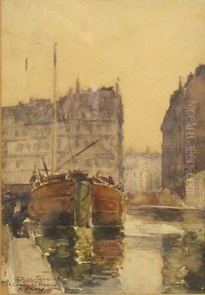 Le Canal Saint Martin Oil Painting by R Leclerc