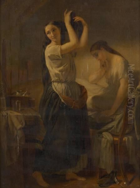 Jeunes Femmes Se Peignant Oil Painting by Edmond Leclercq