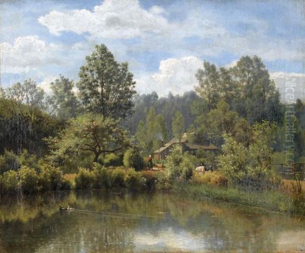 Landschaftspartie Mit Teich Und Gehoft by Leclercq Theodore