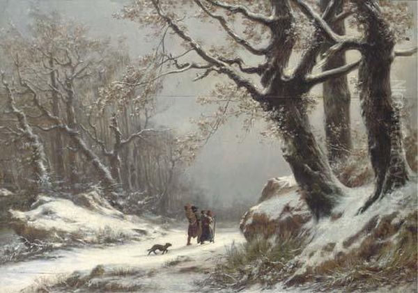 Travellers In Winter Woodland Oil Painting by Charles Joseph Lecointe