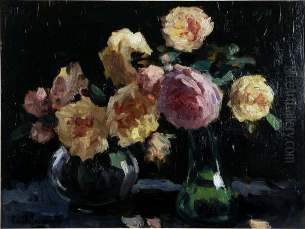 Vase Garni De Roses. Oil Painting by Emile Lecomte