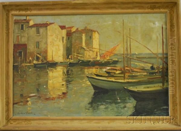 Pier With Moored Boats And Buildings Oil Painting by Paul Emile Lecomte