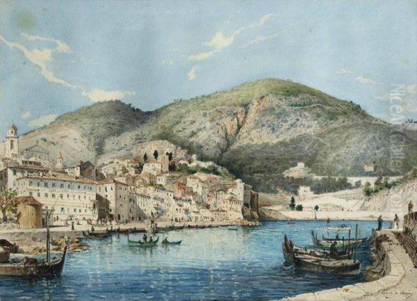 Vues De Cassis [leconte De Roujou ; Views Of Cassis ; A Pair ; Watercolours Signed Lower Right And Lower Left] Oil Painting by Louis Auguste G. Leconte De Roujou