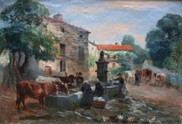 La Fontaine De Gressigny A Orcine Oil Painting by J. Lecourt