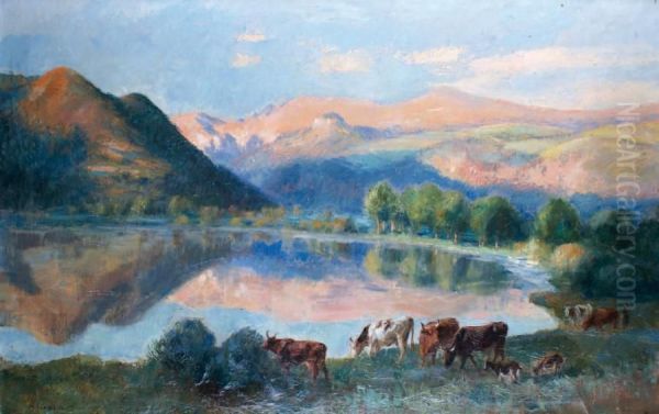 Pturage Pres Du Lac Chambon Oil Painting by Raymond Louis Lecourt