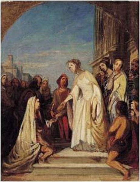 Sainte Clotilde Distribuant Du Pain Aux Pauvres Oil Painting by Jacques Joseph Lecurieux