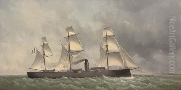 A French Ironclad Turret Ship Under Sail And Steam Off The Coast Oil Painting by Charles Leduc