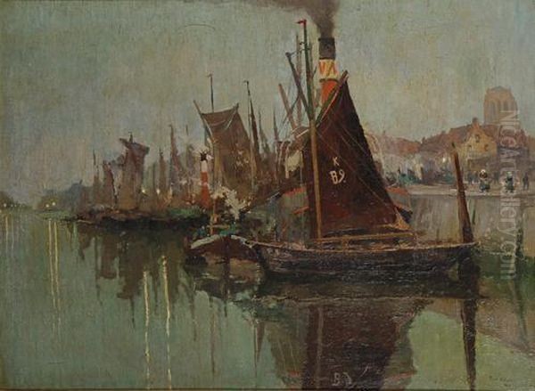 Moored Boats At Dusk Oil Painting by Paul Leduc