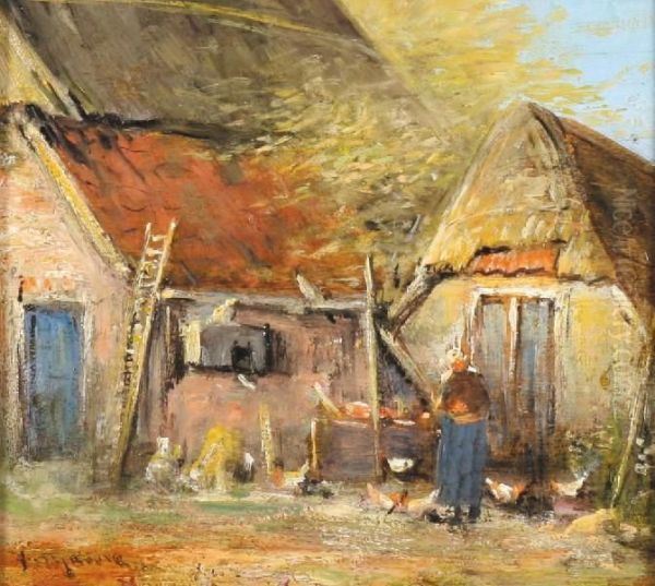 Hofje Met Boerin En Kippen Oil Painting by Anthony Lee