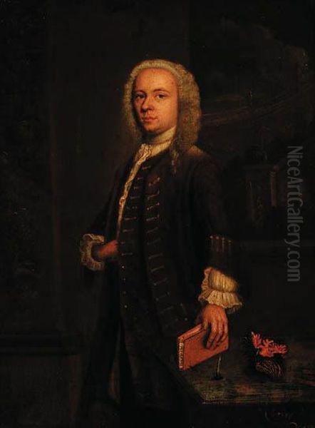 Portrait Of A Gentleman, Small Three-quarter-length, In A Browncoat And Waistcoat At A Table With An Inkwell And A Piece Of Coral,a Balastrade Beyond, The Book Inscribed Hervey. Oil Painting by Anthony Lee