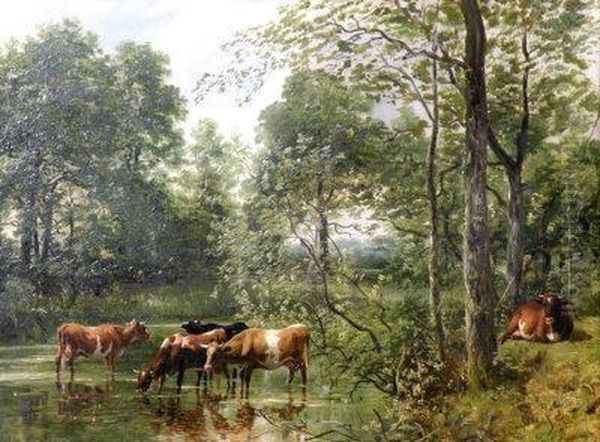 'wooded Landscape With Cattle Watering Oil Painting by Frederick Richard Lee