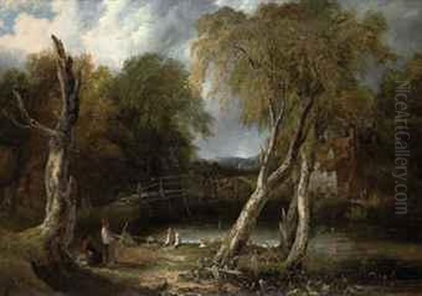 Landscape With Birch Trees And Figures Oil Painting by Frederick Richard Lee