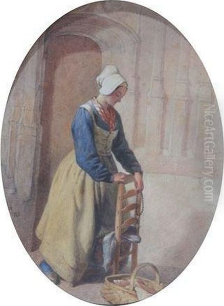 Amaid Kneeling On A Chair Outside A Doorway Oil Painting by William Lee