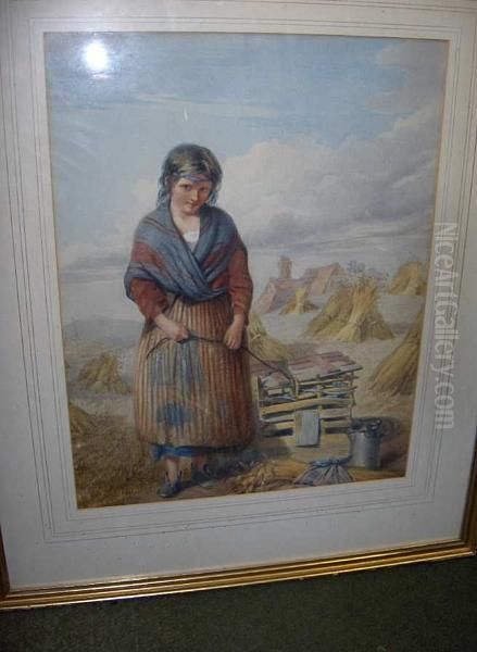 A Farm Girl In A Cornfield Oil Painting by William Lee