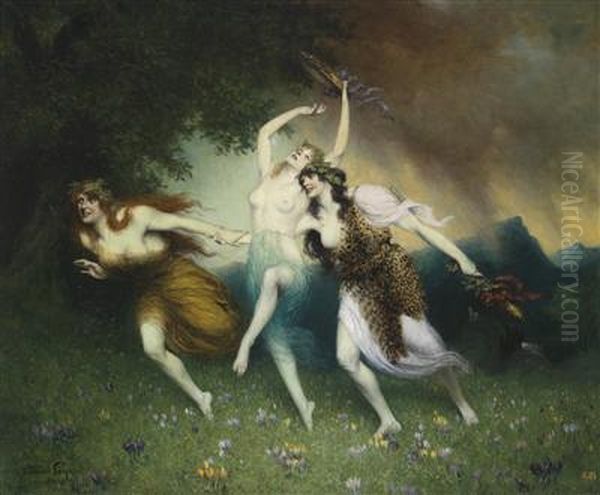 Fleeing Nymphs Oil Painting by Ferdinand Leeke