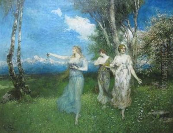 Flower Gatherers Oil Painting by Ferdinand Leeke