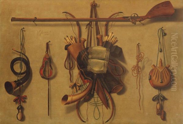 A 'trompe L'oeil' Still Life With Hunting Paraphernalia Hanging On A Wall Oil Painting by Johannes Leemans