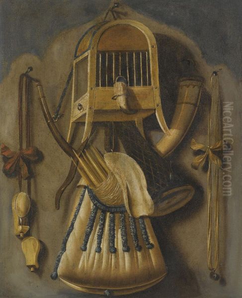 A Trompe L'oeil Still Life With A Bird Cage, A Hunting Horn, A Bird Whistle, And Other Hunting Implements Hanging On A Wall Oil Painting by Johannes Leemans