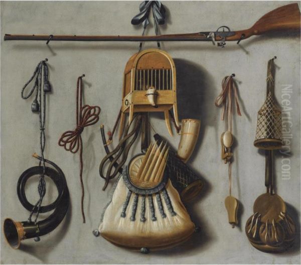 A Trompe L'oeil Hunting Still Life With A Rifle, A Bird In A Cage, A Hunting Horn, A Bird-whistle And Other Hunting Gear Oil Painting by Johannes Leemans