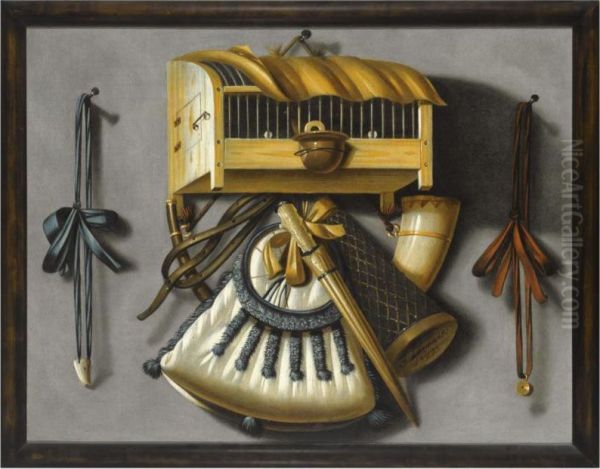 A Trompe L'oeil Still Life Of Hunting Equipment And A Caged Bird Hanging From A Wall Oil Painting by Johannes Leemans