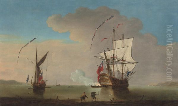 A Flagship Announcing Her Departure From The Medway With A Royalyacht Anchored Nearby Oil Painting by Thomas Leemans