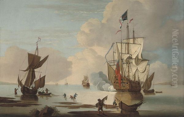 A British Warship Announcing Her Arrival At The Anchorage Oil Painting by Thomas Leemans