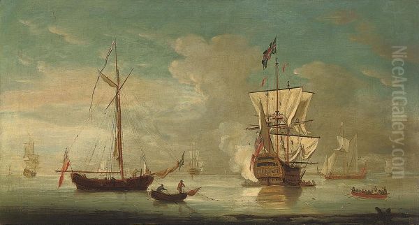 A British Warship Announcing Her Departure From The Anchorage Oil Painting by Thomas Leemans