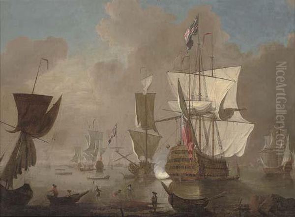 A Flagship Arriving At Her Anchorage In The Nore And Announcing Her Arrival With A Salute Oil Painting by Thomas Leemans