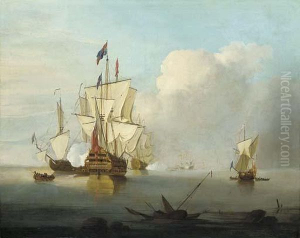 A First Rater Firing The Morning Gun Oil Painting by Thomas Leemans