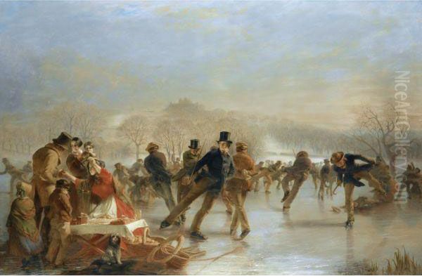 Skaters, A Scene On Duddingston Loch Near Edinburgh Oil Painting by Charles Lees