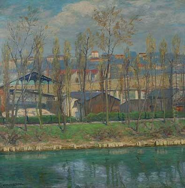 Flusslauf Im Vorfruhling Mit Industriehallen Vor Der Stadt Oil Painting by Wilhelm Lefebre