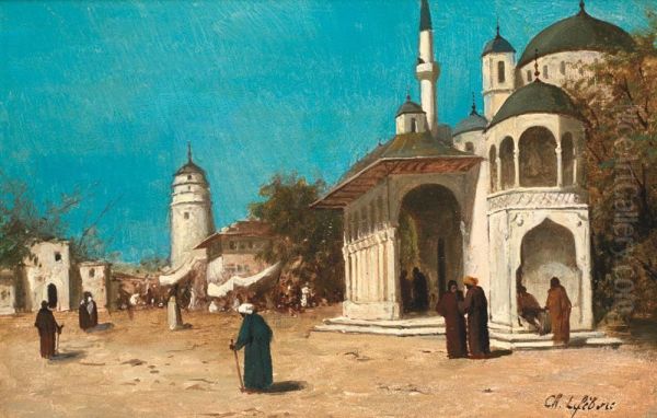 Promeneurs Aux Abords D'une Mosquee En Turquie Oil Painting by Charles V.E. Lefebvre