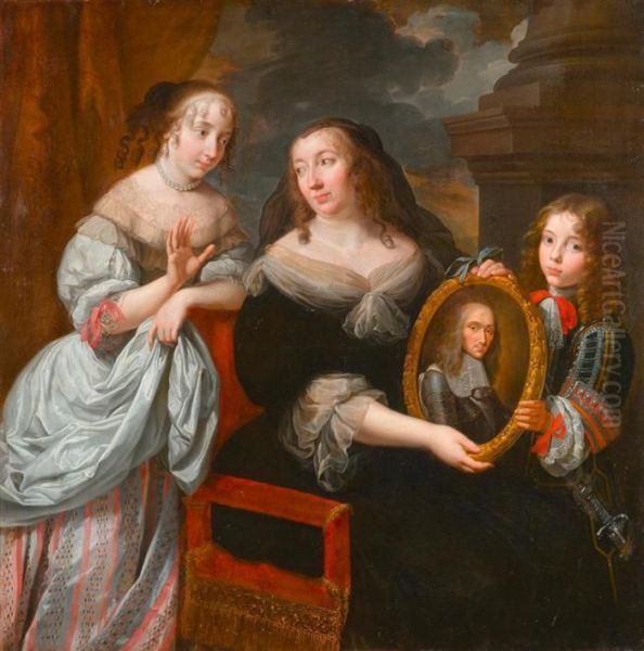 Maria De Medici Shows Her Two Children The Portrait Of Her Dead Husband King Henri Ii Oil Painting by Claude Lefebvre