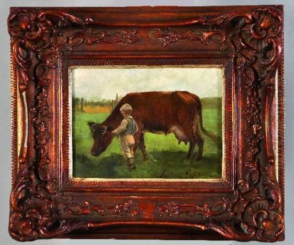 vache Et Enfant Oil Painting by Justine Lefebvre