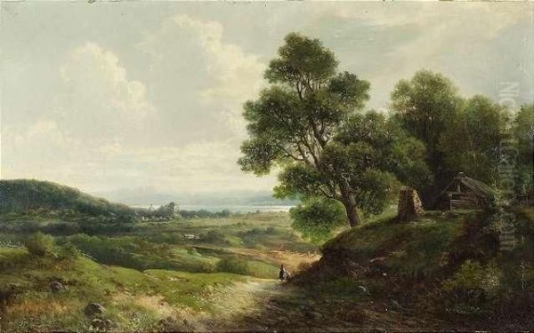 Carl . Wide Bavarian Landscape With A Lake Oil Painting by Karl Lefeubure