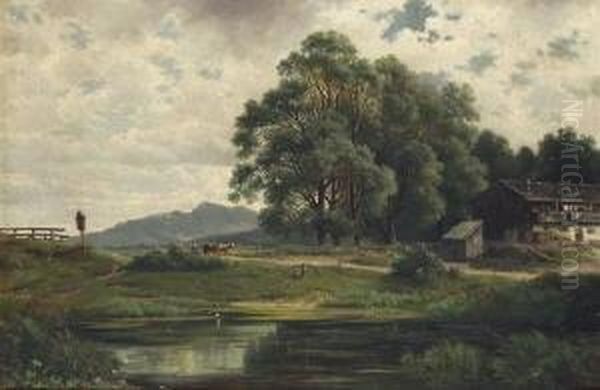 Bauernhaus Am Weiher. Oil Painting by Karl Lefeubure