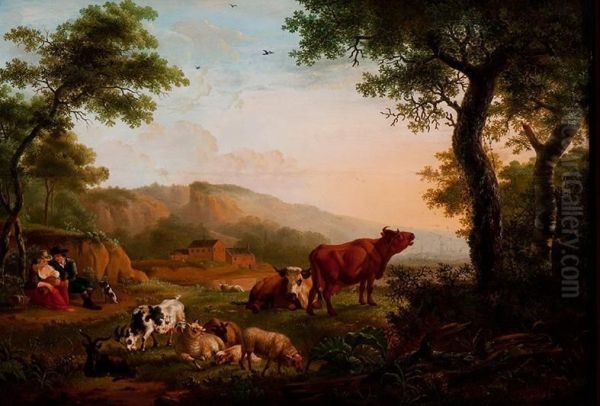 Pair Of Shepherds With Cattle Oil Painting by Johannes Lefever