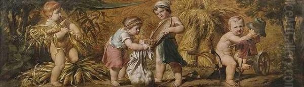 Allegory Of Fall. 
Four Children At Harvest. Oil Painting by Franz Lefler