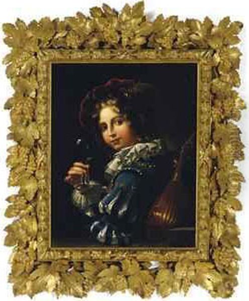 A Youth Holding A Glass Of Wine And A Mandoline Oil Painting by Giovanni Lega