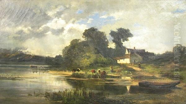 A Cottage On A Lake With Livestock At The Water's Edge Oil Painting by Nicolay Tysland Leganger