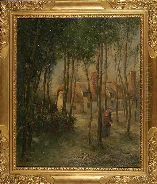 A Woman Gathering Sticks By A Woodland Cottage Oil Painting by Arthur Legge