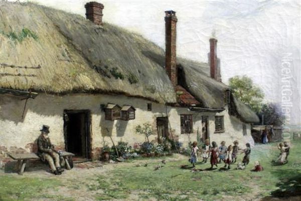 Children Playing Beside A Cottage Oil Painting by Alexander Leggett