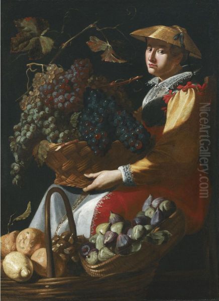 A Lady Selling Fruit, Including Figs, Lemons And Grapes Oil Painting by Giacomo Legi